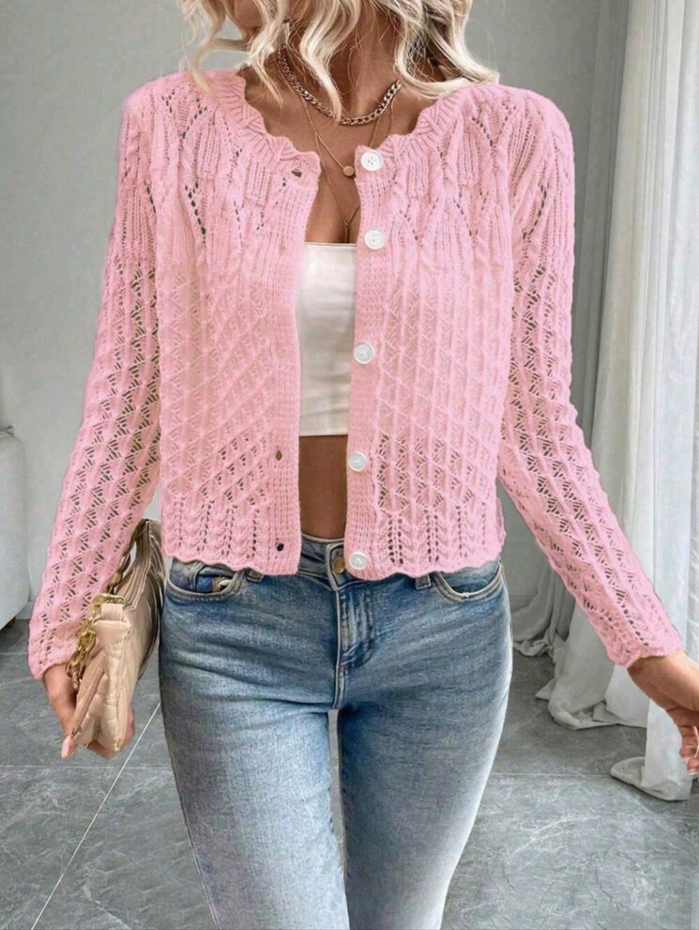 Light Pink Openwork Button-Front Knit Cardigan